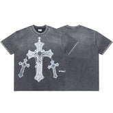 Retro Washed Bling Cross Graphic Tee Oversized Gothic Underground Streetwear T‑Shirt