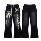 Street Style Skull Letter Print Elastic Waist Flared Pants