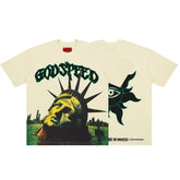 Vintage Cream Godspeed Liberty Statue Eye Graphic Tee Oversized Y2K Streetwear T‑Shirt for Men