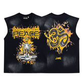 Peace Flame Skull Graphic Double‑Sided Vintage Black Sleeveless Tank Top