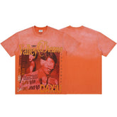 Men Orange Faded Wash Portrait Graphic T‑Shirt Loose Fit Retro Street Short Sleeve Top