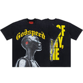 Black Godspeed Metallic Robot Graphic Oversized Short Sleeve T‑Shirt Men Streetwear Tee