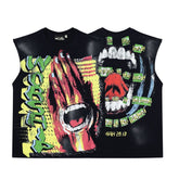 Vintage Black Colorful Monster Print Sleeveless Loose‑Fit Street‑Wear Men’s Tank