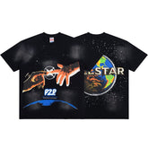 Retro Space Planet Print Distressed Short Sleeve Street Tee