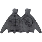 Street Style Distressed Wash Graphic Full Zip Hooded Jacket