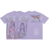 Men Light Purple Washed Portrait Print T‑Shirt Loose Fit Retro Street Short Sleeve Top