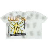 Men White Smudge‑Wash Cross Print T‑Shirt Loose Fit Retro Street Short Sleeve Top