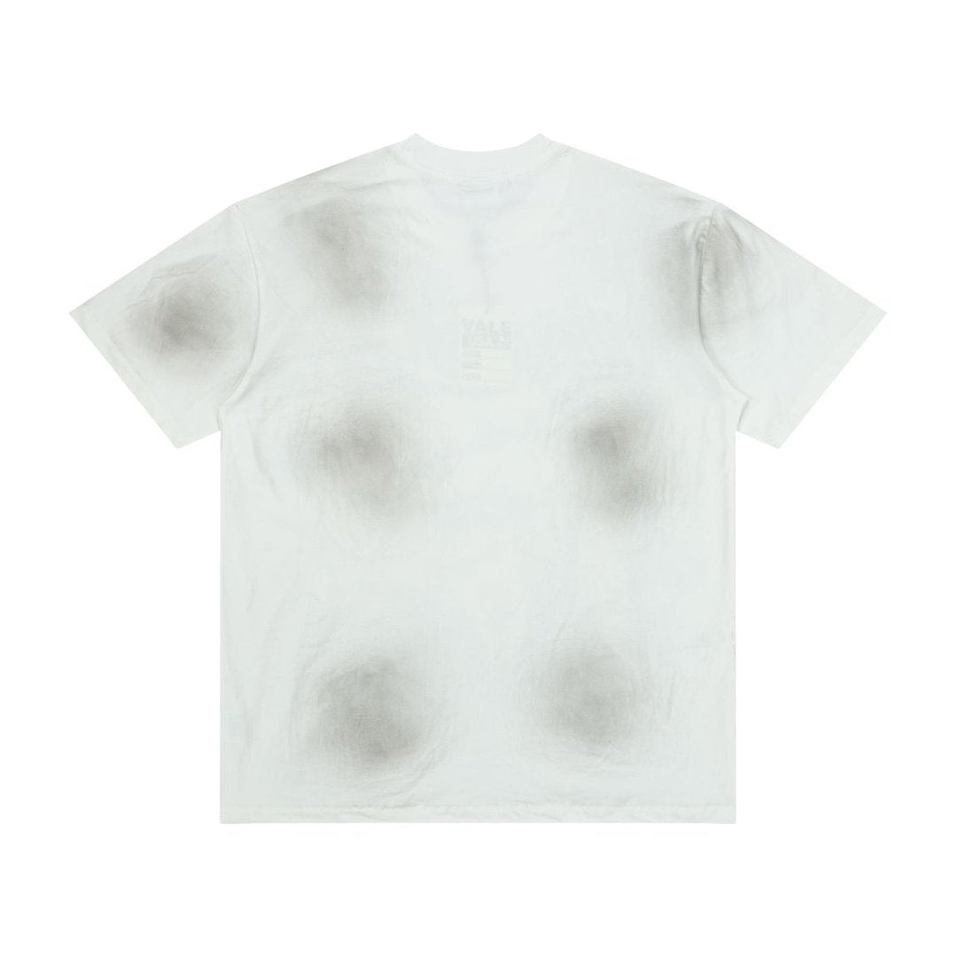 Men White Smudge‑Wash Portrait Graphic T‑Shirt Loose Fit Retro Street Short Sleeve Top