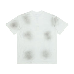 Men White Smudge‑Wash Portrait Graphic T‑Shirt Loose Fit Retro Street Short Sleeve Top