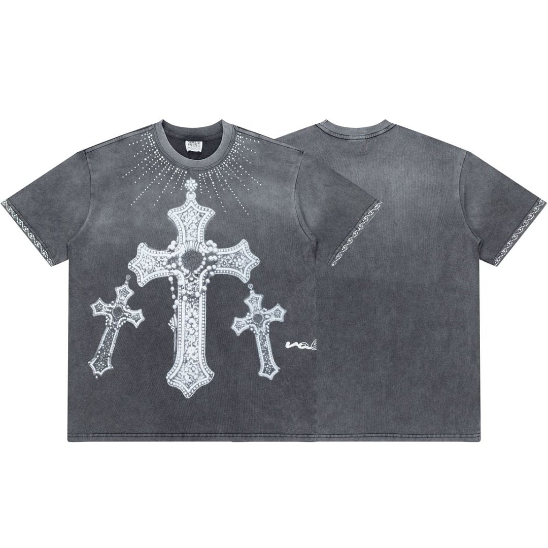 Retro Washed Bling Cross Graphic Tee Oversized Gothic Underground Streetwear T‑Shirt