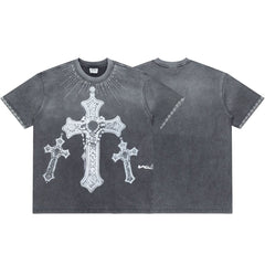 Retro Washed Bling Cross Graphic Tee Oversized Gothic Underground Streetwear T‑Shirt