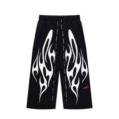 Black White Flame Graphic Loose Drawstring Street‑Wear Pants