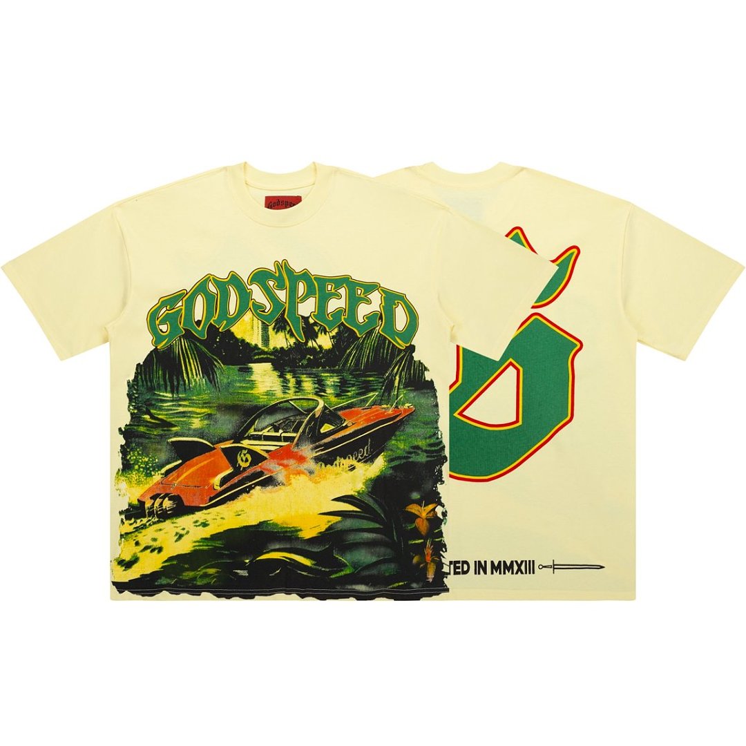 Retro Car Jungle Print Loose‑Fit Streetwear Cream T‑Shirt