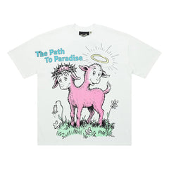 Retro Paradise Lamb Cross Graphic Washed Tee Oversized Y2K Streetwear T‑Shirt for Men