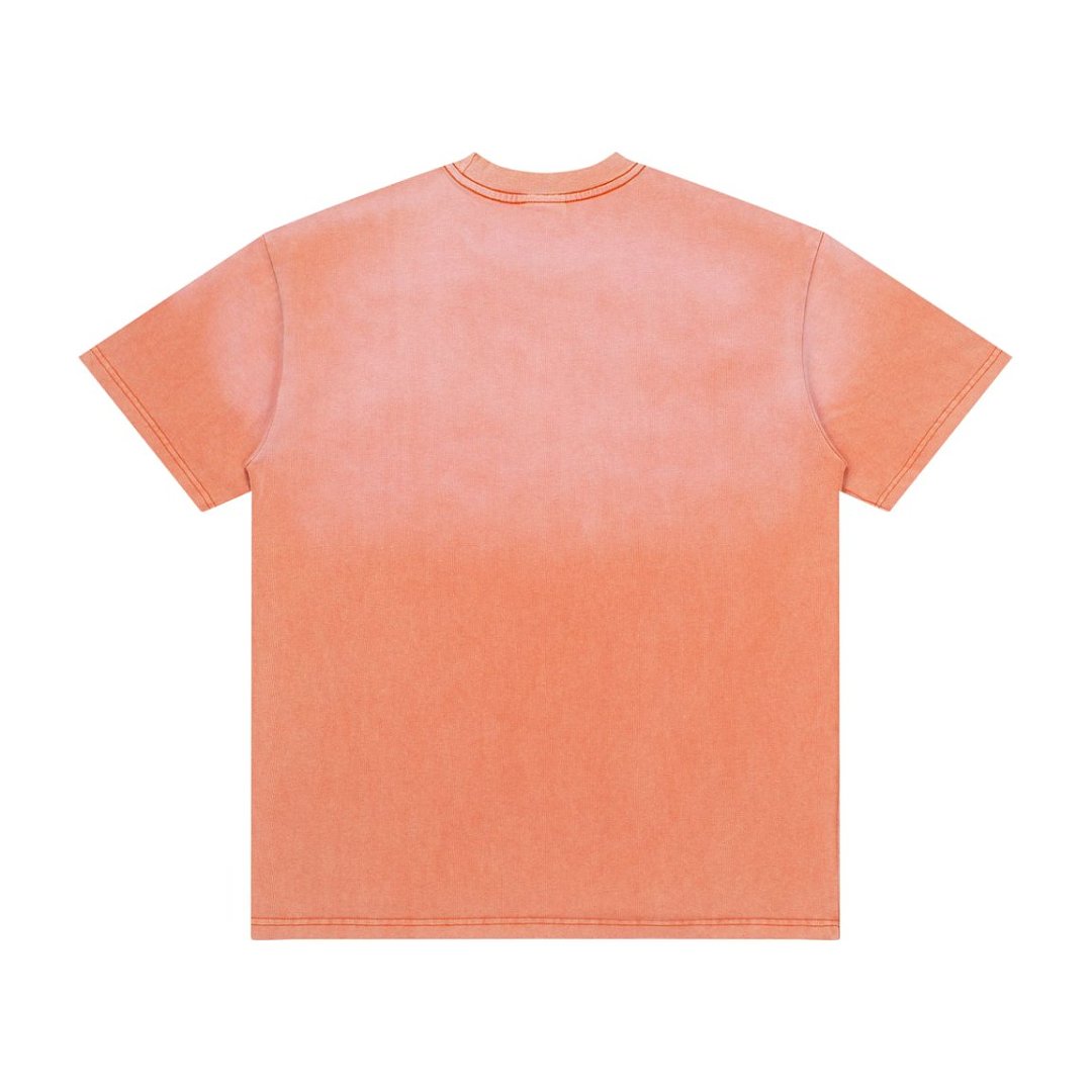 Men Orange Fade Wash Target Print T‑Shirt Loose Fit Retro Street Short Sleeve Top