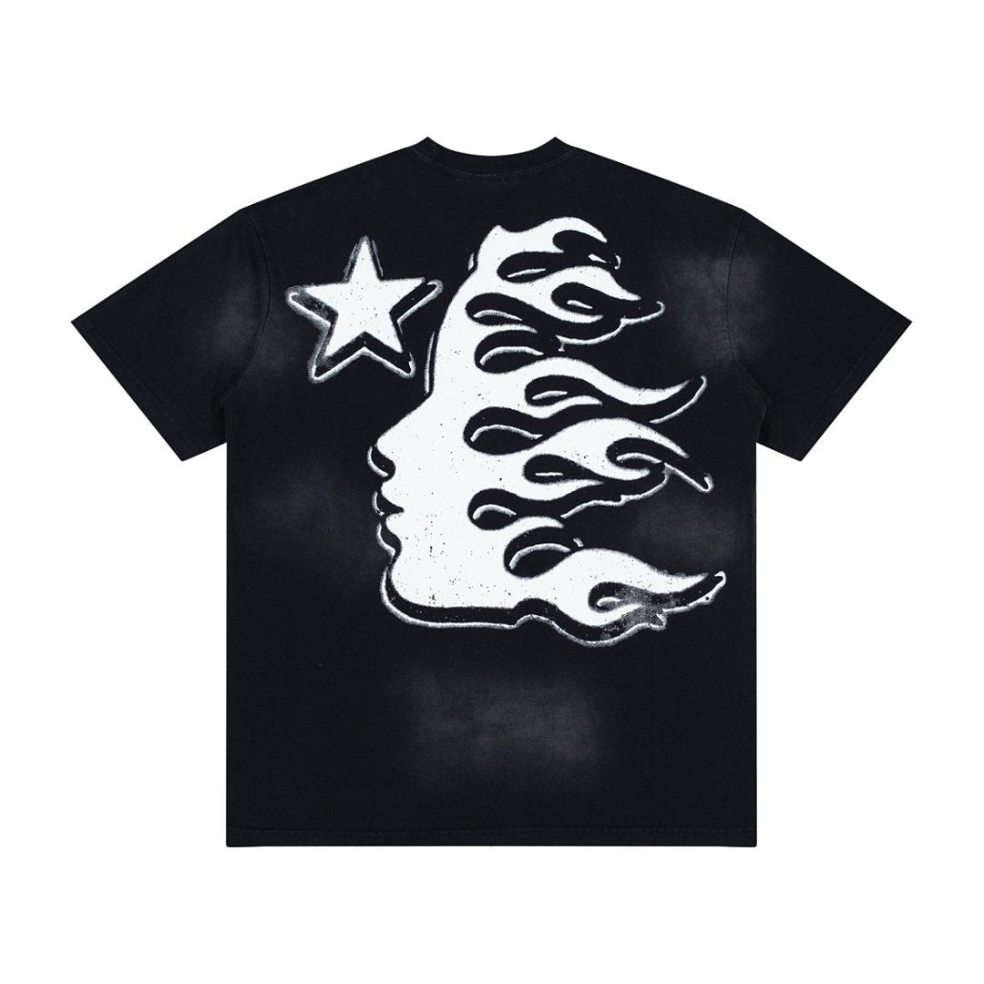 Vintage Black Bleached Star‑Flame Print Short‑Sleeve Loose Men’s Tee