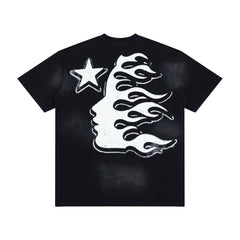 Vintage Black Bleached Star‑Flame Print Short‑Sleeve Loose Men’s Tee