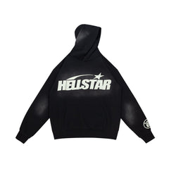 Retro Distressed Print Loose Fit Streetwear Black Hoodie