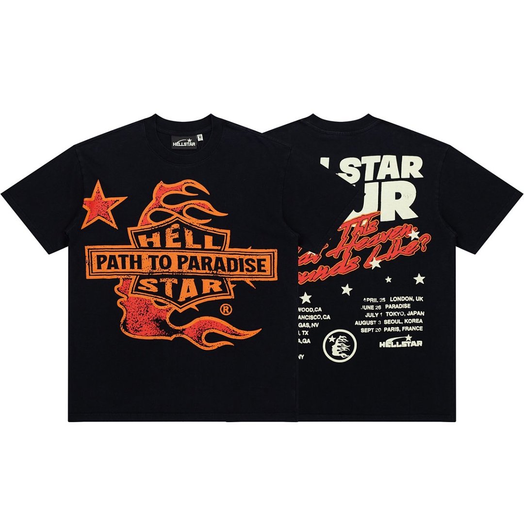Vintage Black Orange Star Tour Print Short‑Sleeve Loose Street‑Wear Tee