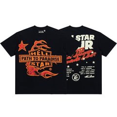 Vintage Black Orange Star Tour Print Short‑Sleeve Loose Street‑Wear Tee