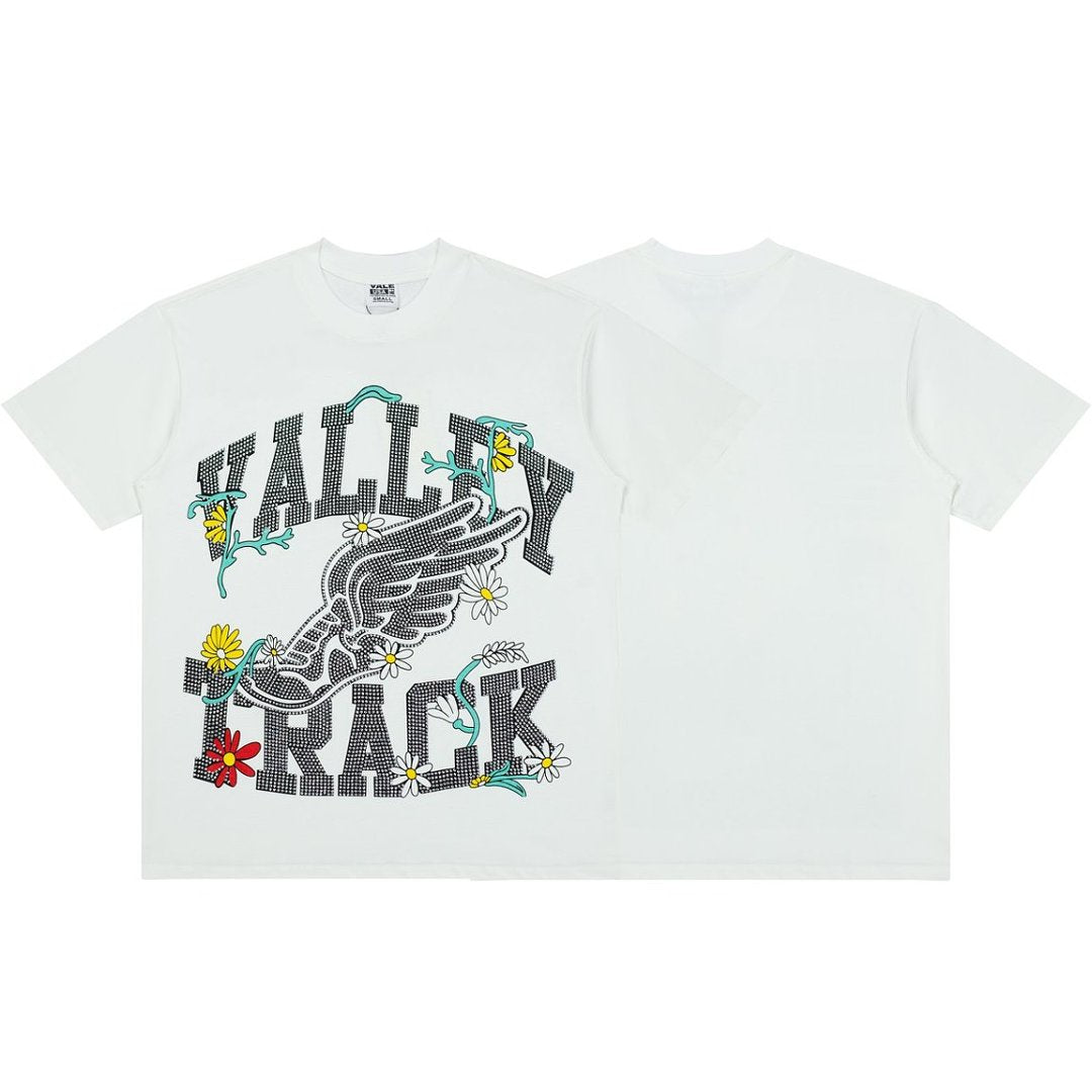 Retro White Valley Track Wing‑Shoe Floral Graphic Tee Oversized Streetwear T‑Shirt for Men