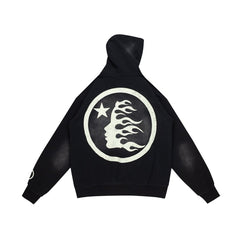 Retro Distressed Print Loose Fit Streetwear Black Hoodie