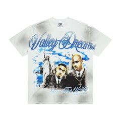 Men White Smudge‑Wash Portrait Graphic T‑Shirt Loose Fit Retro Street Short Sleeve Top