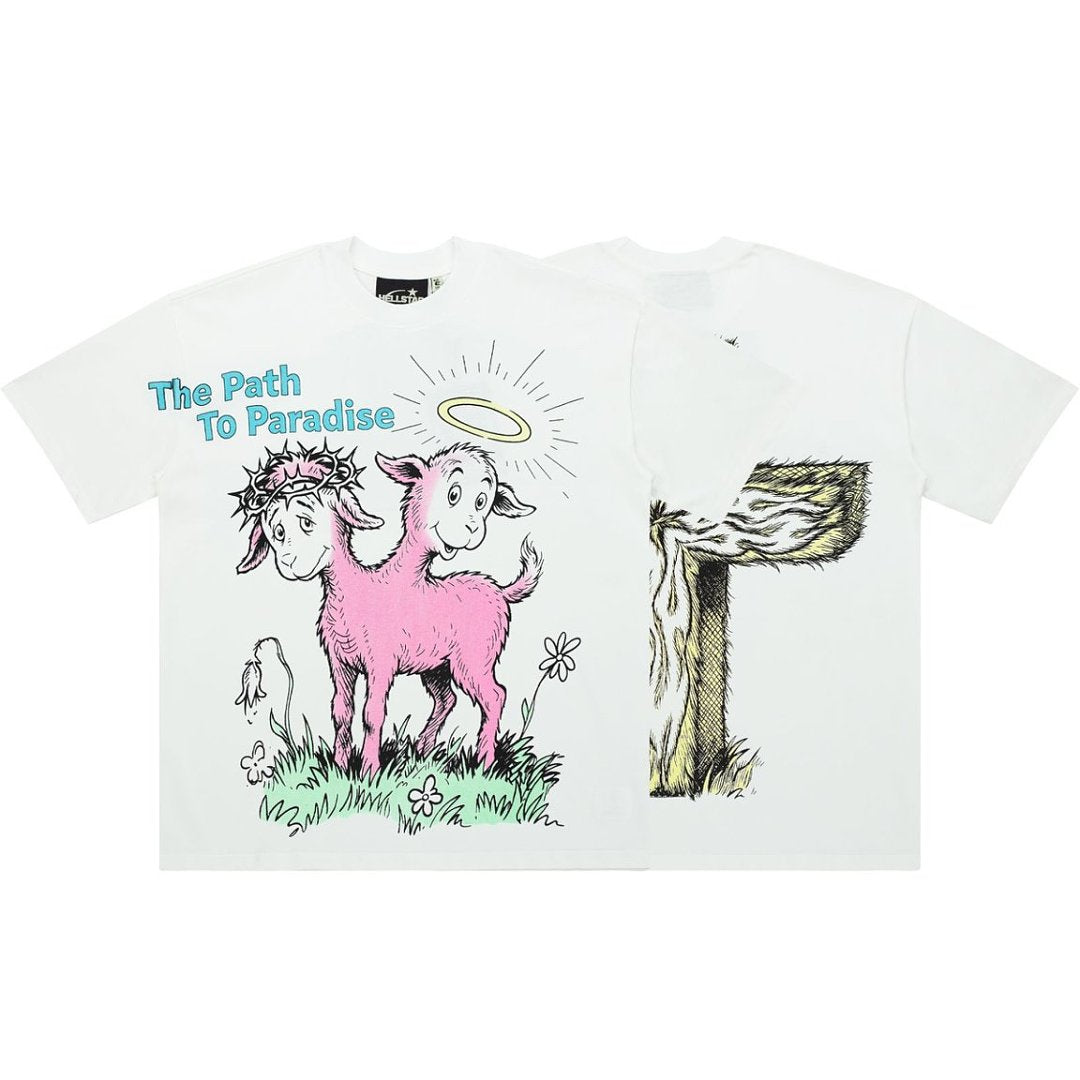 Retro Paradise Lamb Cross Graphic Washed Tee Oversized Y2K Streetwear T‑Shirt for Men