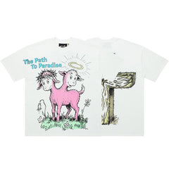 Retro Paradise Lamb Cross Graphic Washed Tee Oversized Y2K Streetwear T‑Shirt for Men