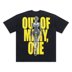 Black Godspeed Metallic Robot Graphic Oversized Short Sleeve T‑Shirt Men Streetwear Tee