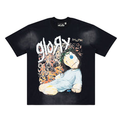 Retro Faded Washed Glory Doll Skull Graphic Tee Oversized Y2K Streetwear T‑Shirt for Men