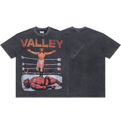 Men Black Vintage Wash Boxing Graphic T‑Shirt Loose Fit Retro Street Short Sleeve Top