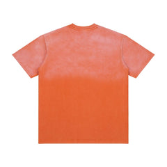 Men Orange Faded Wash Portrait Graphic T‑Shirt Loose Fit Retro Street Short Sleeve Top