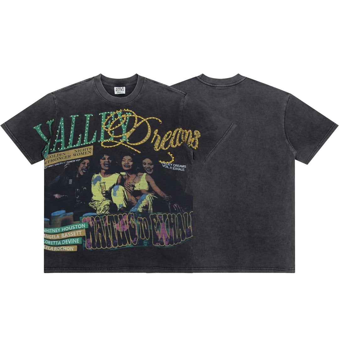 Retro Music Artist Print Distressed Black Short Sleeve Tee