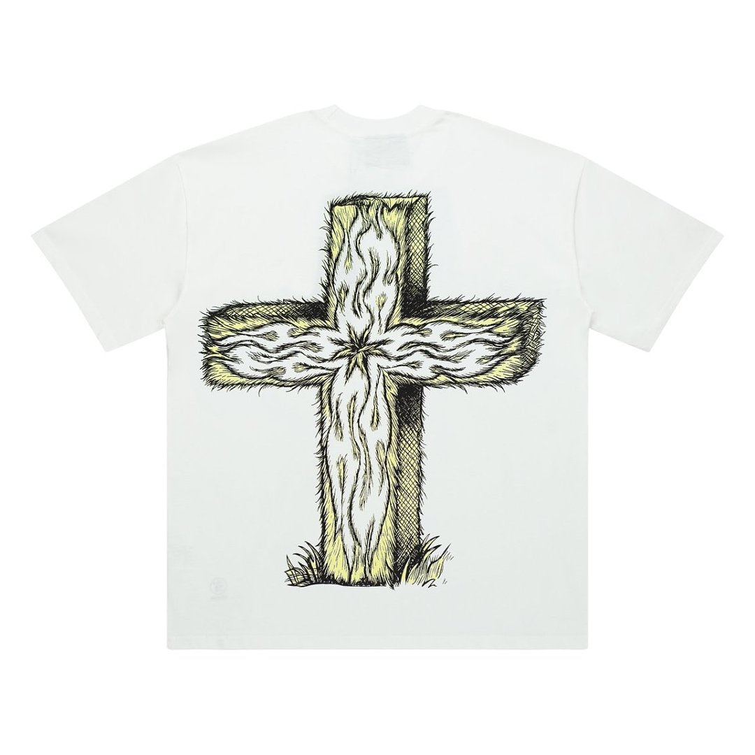 Retro Paradise Lamb Cross Graphic Washed Tee Oversized Y2K Streetwear T‑Shirt for Men