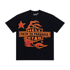 Vintage Black Orange Star Tour Print Short‑Sleeve Loose Street‑Wear Tee