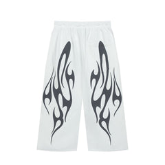 Black White Flame Graphic Loose Drawstring Street‑Wear Pants