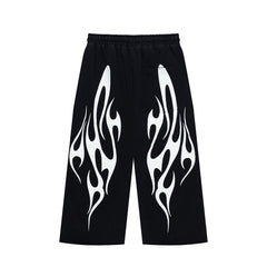 Black White Flame Graphic Loose Drawstring Street‑Wear Pants