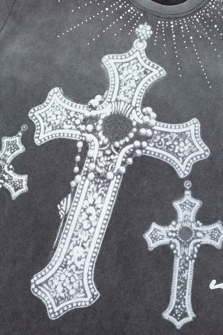 Retro Washed Bling Cross Graphic Tee Oversized Gothic Underground Streetwear T‑Shirt