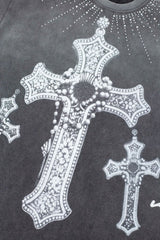 Retro Washed Bling Cross Graphic Tee Oversized Gothic Underground Streetwear T‑Shirt