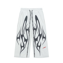 Black White Flame Graphic Loose Drawstring Street‑Wear Pants