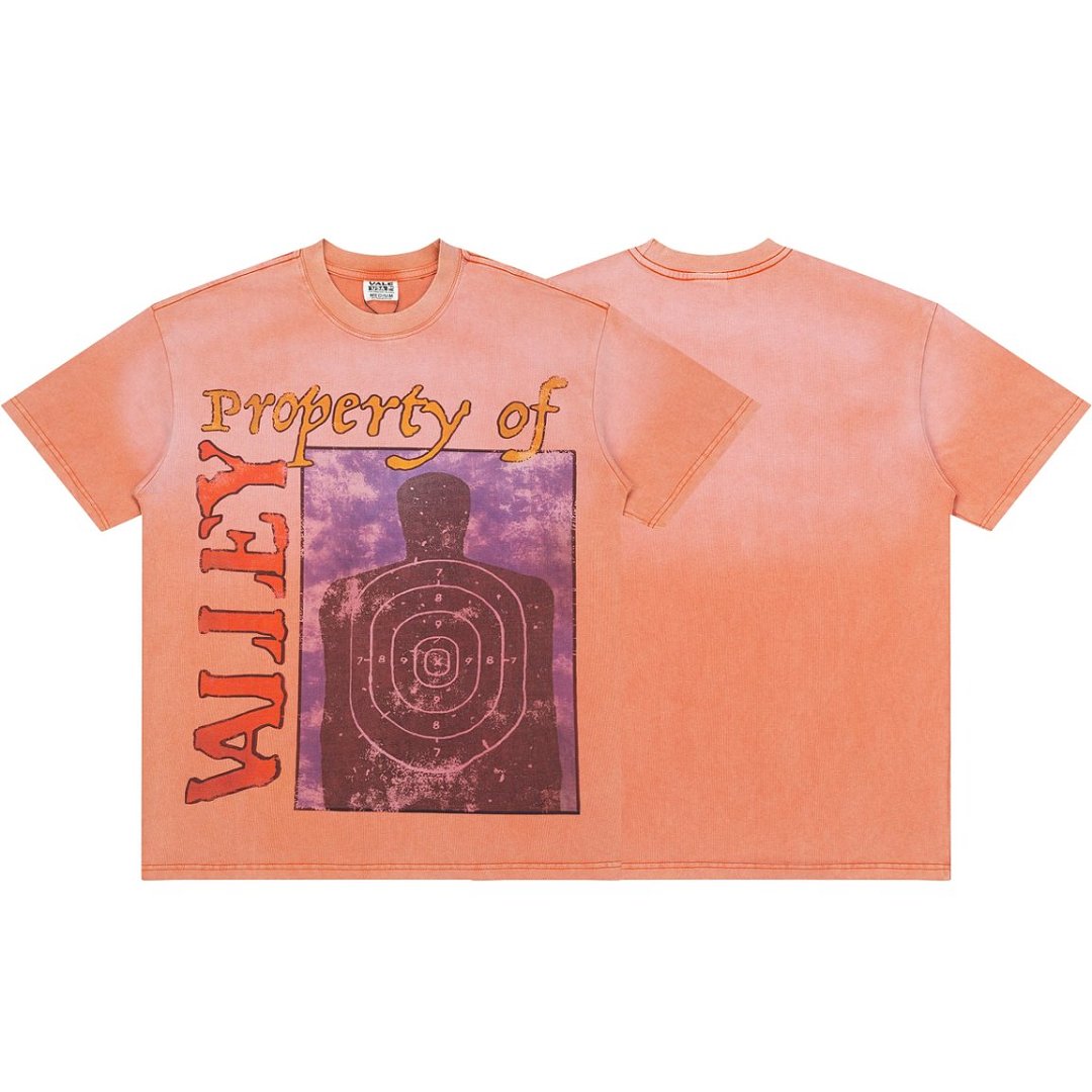 Men Orange Fade Wash Target Print T‑Shirt Loose Fit Retro Street Short Sleeve Top