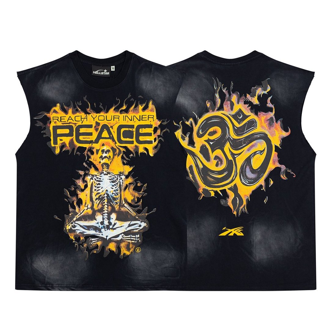 Peace Flame Skull Graphic Double‑Sided Vintage Black Sleeveless Tank Top