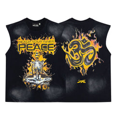 Peace Flame Skull Graphic Double‑Sided Vintage Black Sleeveless Tank Top