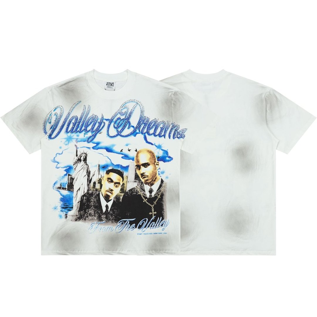 Men White Smudge‑Wash Portrait Graphic T‑Shirt Loose Fit Retro Street Short Sleeve Top