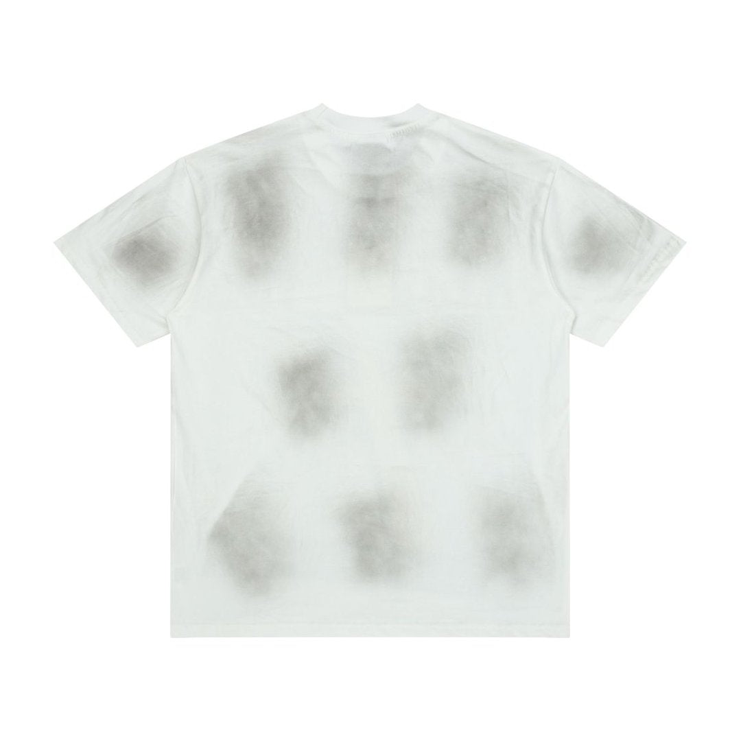Men White Smudge‑Wash Cross Print T‑Shirt Loose Fit Retro Street Short Sleeve Top