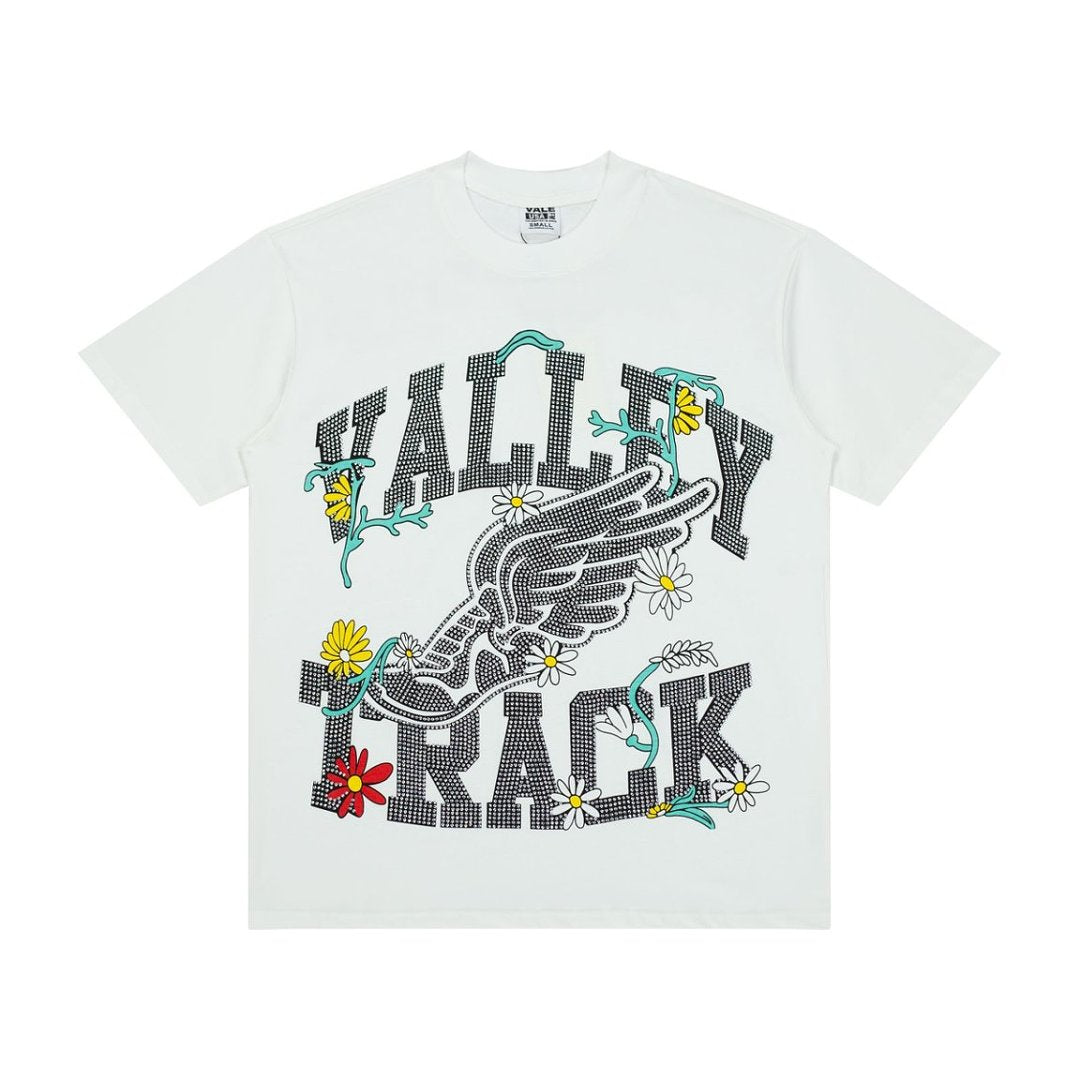 Retro White Valley Track Wing‑Shoe Floral Graphic Tee Oversized Streetwear T‑Shirt for Men