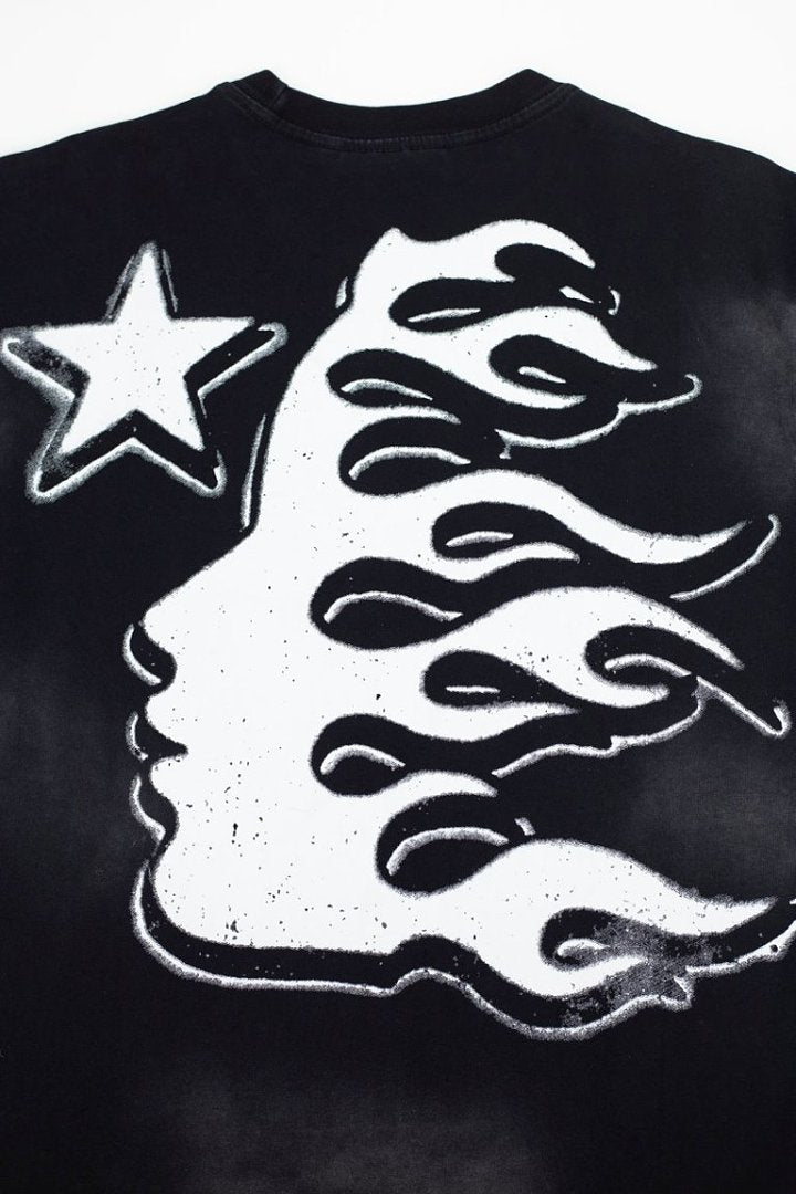 Vintage Black Bleached Star‑Flame Print Short‑Sleeve Loose Men’s Tee