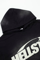 Retro Distressed Print Loose Fit Streetwear Black Hoodie