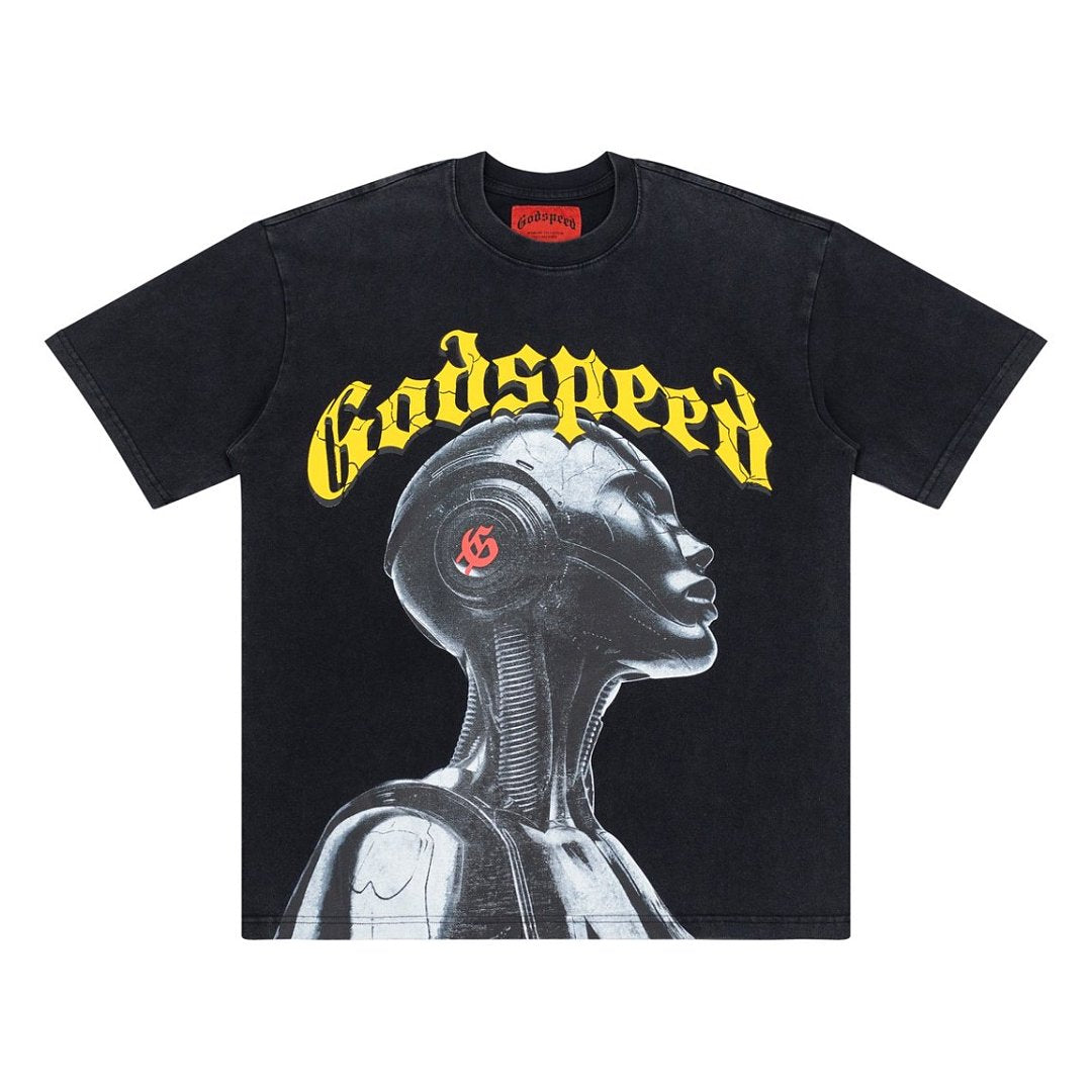 Black Godspeed Metallic Robot Graphic Oversized Short Sleeve T‑Shirt Men Streetwear Tee